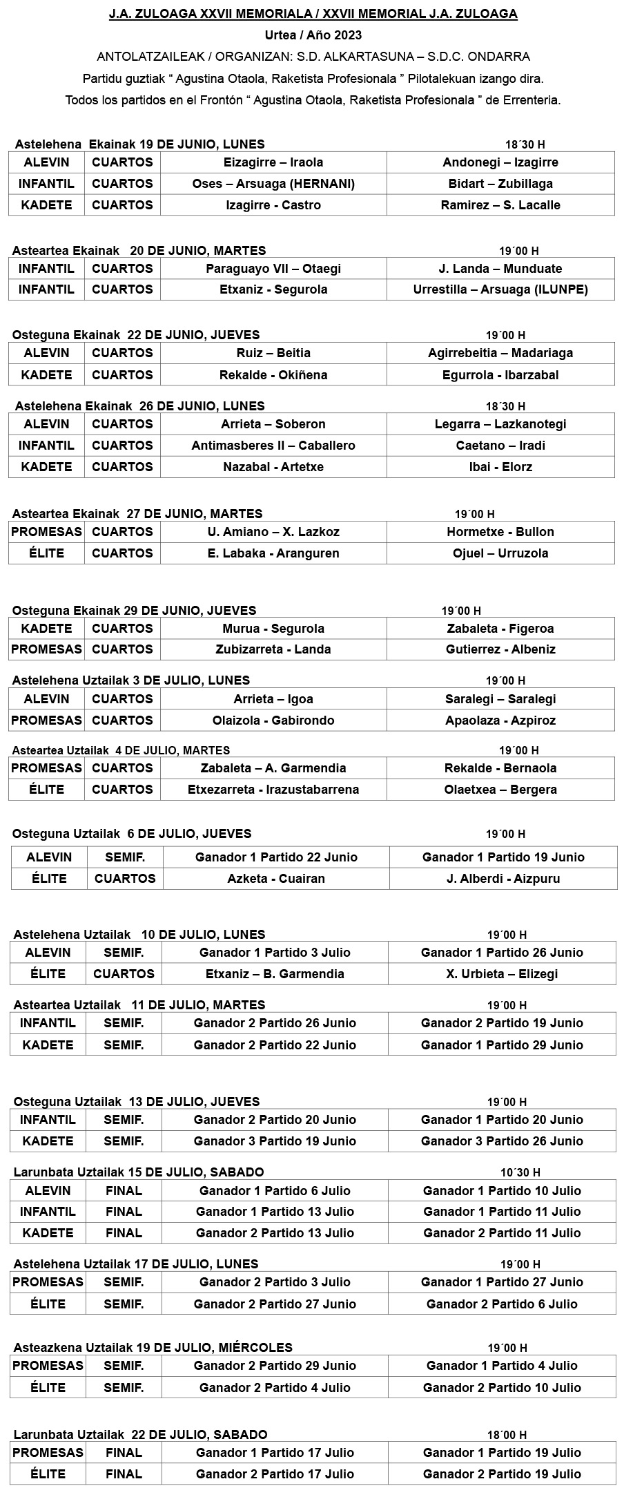 Calendario XXVII Memorial José Antonio Zuloaga